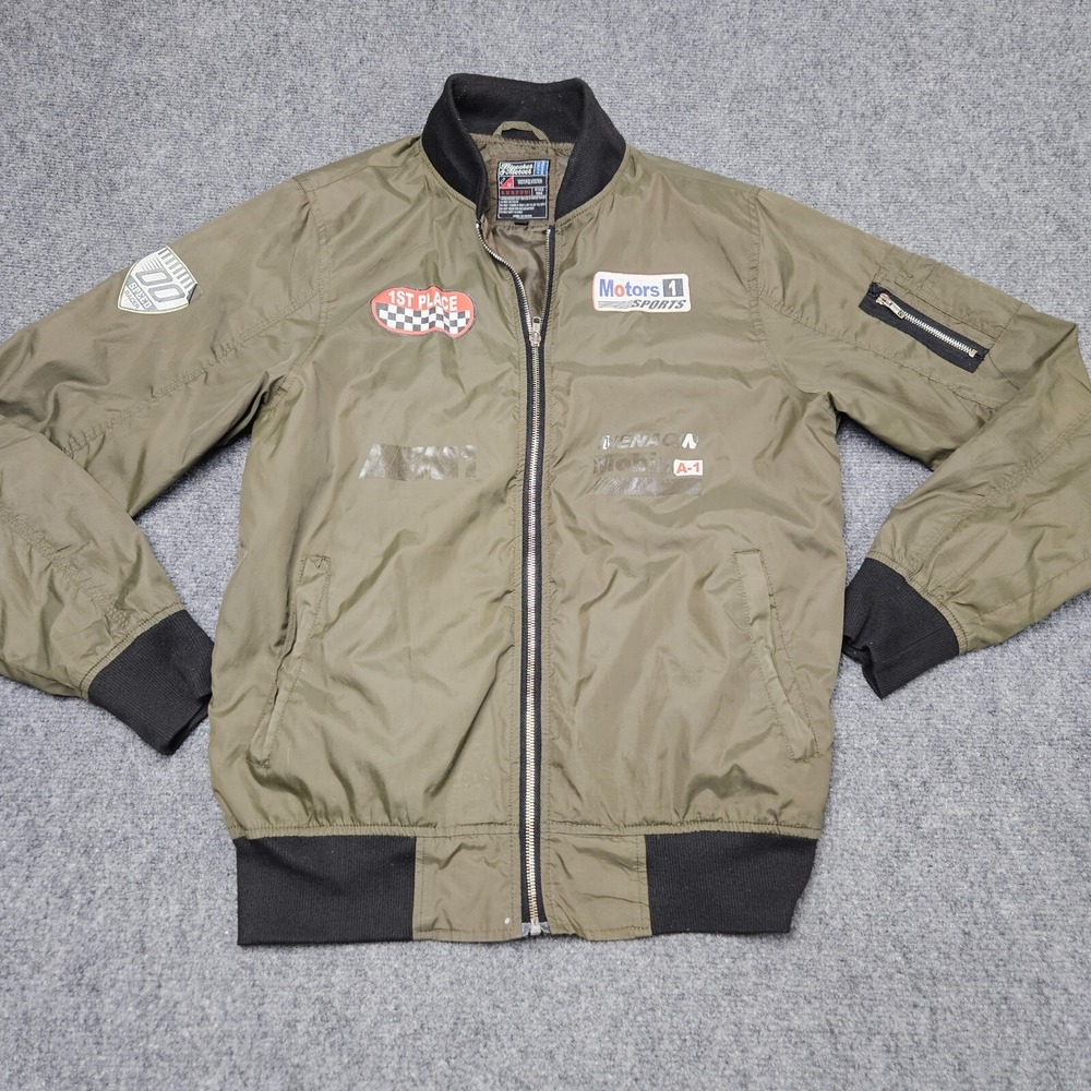 Motorsport Racing Bomber Jacket Mens M Olive Green Patch Logo Zip Flight Coat